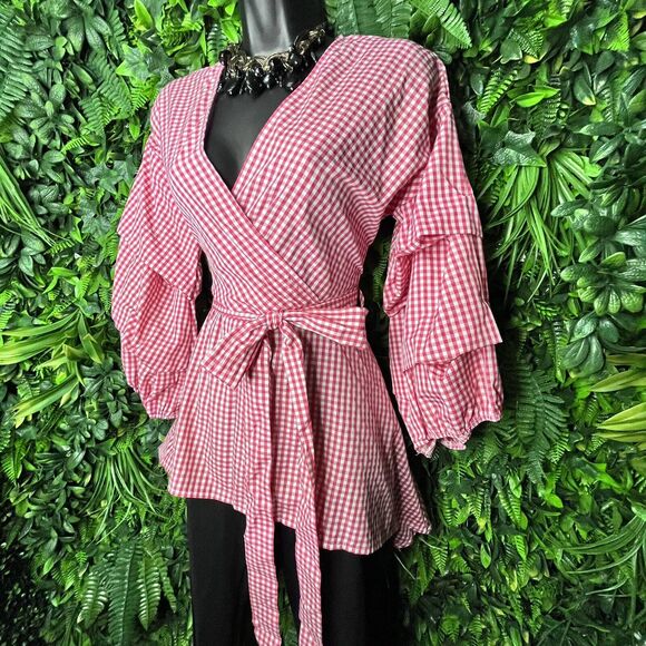 IMPULSIVE Women Tops Small Red Peplum Hi Low Hem Balloon Sleeve Tie‎ Waist 0634 - Picture 1 of 9